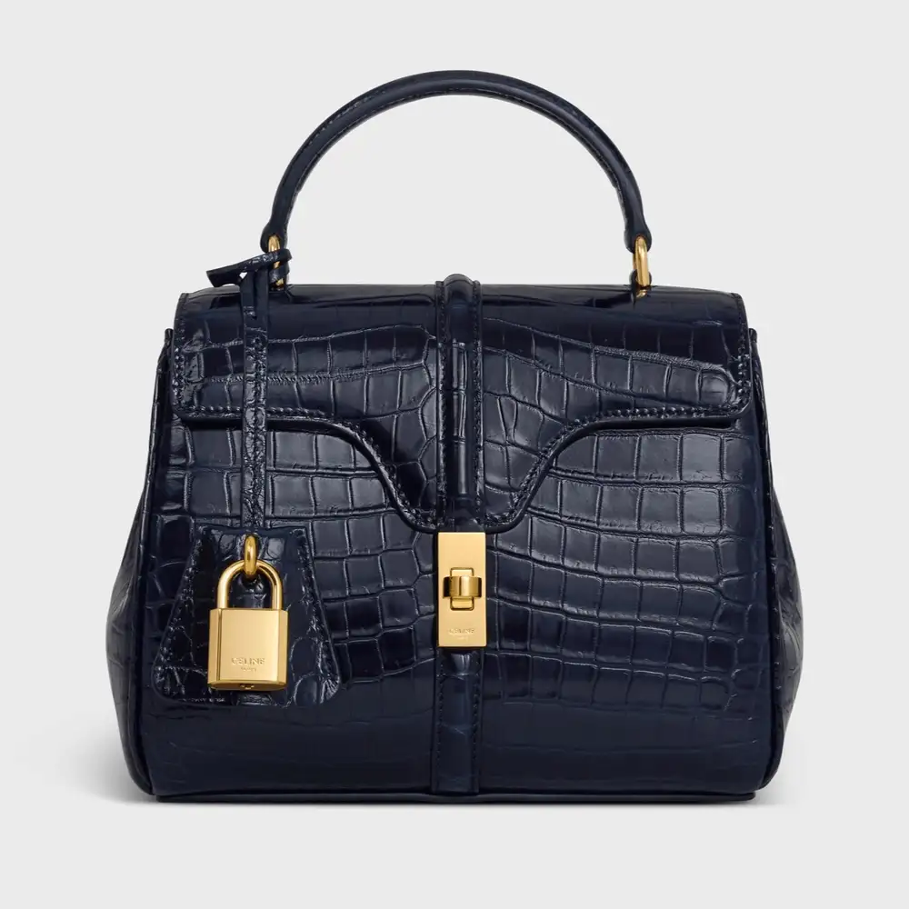 Celine Mini 16 In Porosus Crocodile Navy Blue