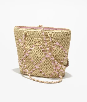 Chanel small shopping bag braided raffia cotton grosgrain ribbon gold tone metal AS5811B22059U6018 #2