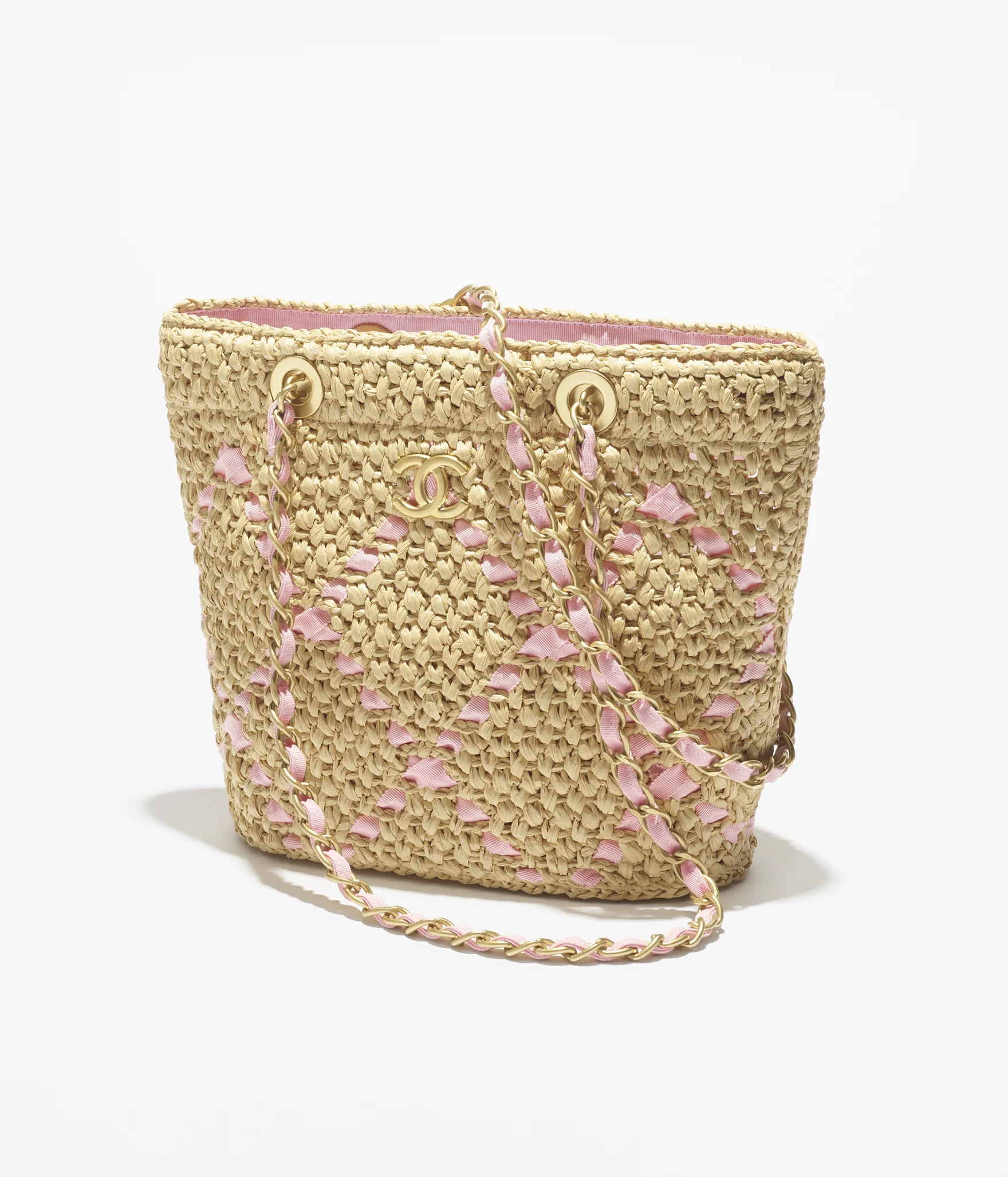 Chanel small shopping bag braided raffia cotton grosgrain ribbon gold tone metal AS5811B22059U6018 #2