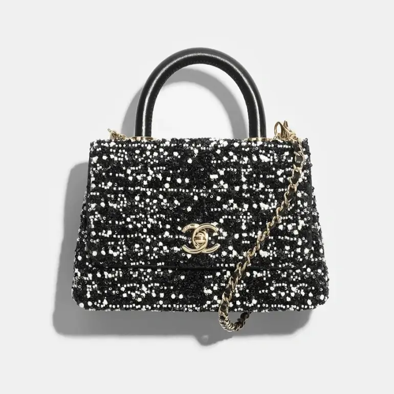 chanel mini flap bag with top handle pearls sequins lambskin gold tone metal AS2215B23256U7596