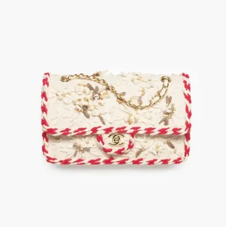 Chanel classic 11 12 handbag embroidered wool crepe raffia glass beads gold tone metal A01112B25176UC191